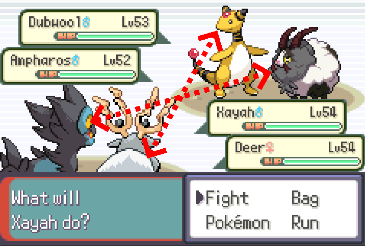 Double battle screenshot with red brackets pairing each AI slot to the player slot it evaluates